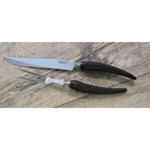 Antique Cattaraugus Vanadium Carving Knife & Fork Set Black Faux Antler Handles